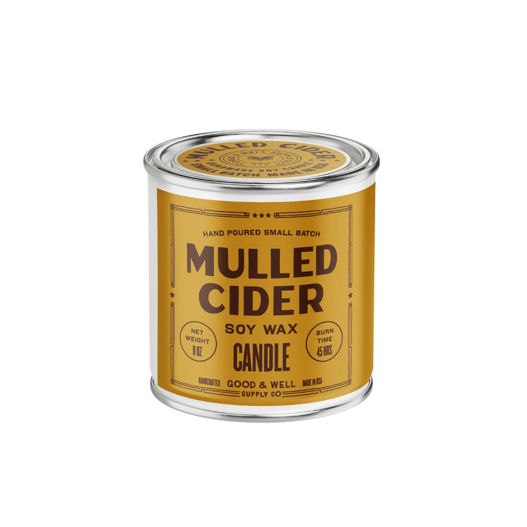 Yellow Mulled Cider soy candle tin, 8oz spiced apple scent, by Faire, up to 45-hour burn time.