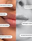 A close-up of a woman's lips, half in color, half in black-and-white. The color side showcases Faire's Dew Cloud Mini Lip Mask ultra-moisturizing benefits; the grayscale side reveals drawbacks like "Temporary Hydration" and "No Moisture Retention.