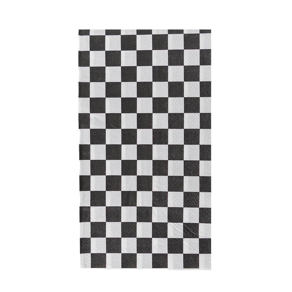 Check It! Check Guest Napkins by Faire feature a black and white checkerboard pattern with evenly sized squares arranged in alternating rows, reminiscent of skater shoe designs.