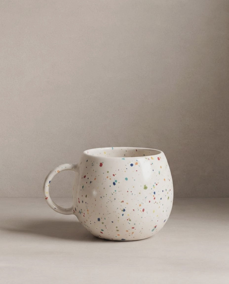 White Ball stoneware mug with a colorful speckled pattern by Bungalow Furniture & Accessories.