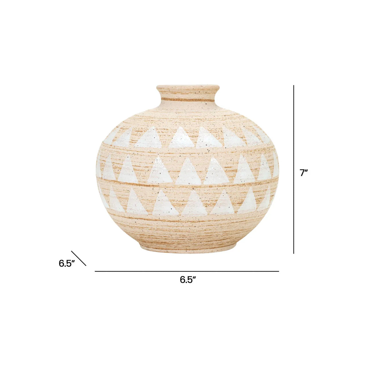 The Import Collection's Presden Short Vase features a round beige body with white geometric triangles, a narrow neck, and wide base. At 7"H x 6.5"W x 6.5"D, it’s perfect for modern vase collections.