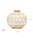 The Import Collection's Presden Short Vase features a round beige body with white geometric triangles, a narrow neck, and wide base. At 7"H x 6.5"W x 6.5"D, it’s perfect for modern vase collections.