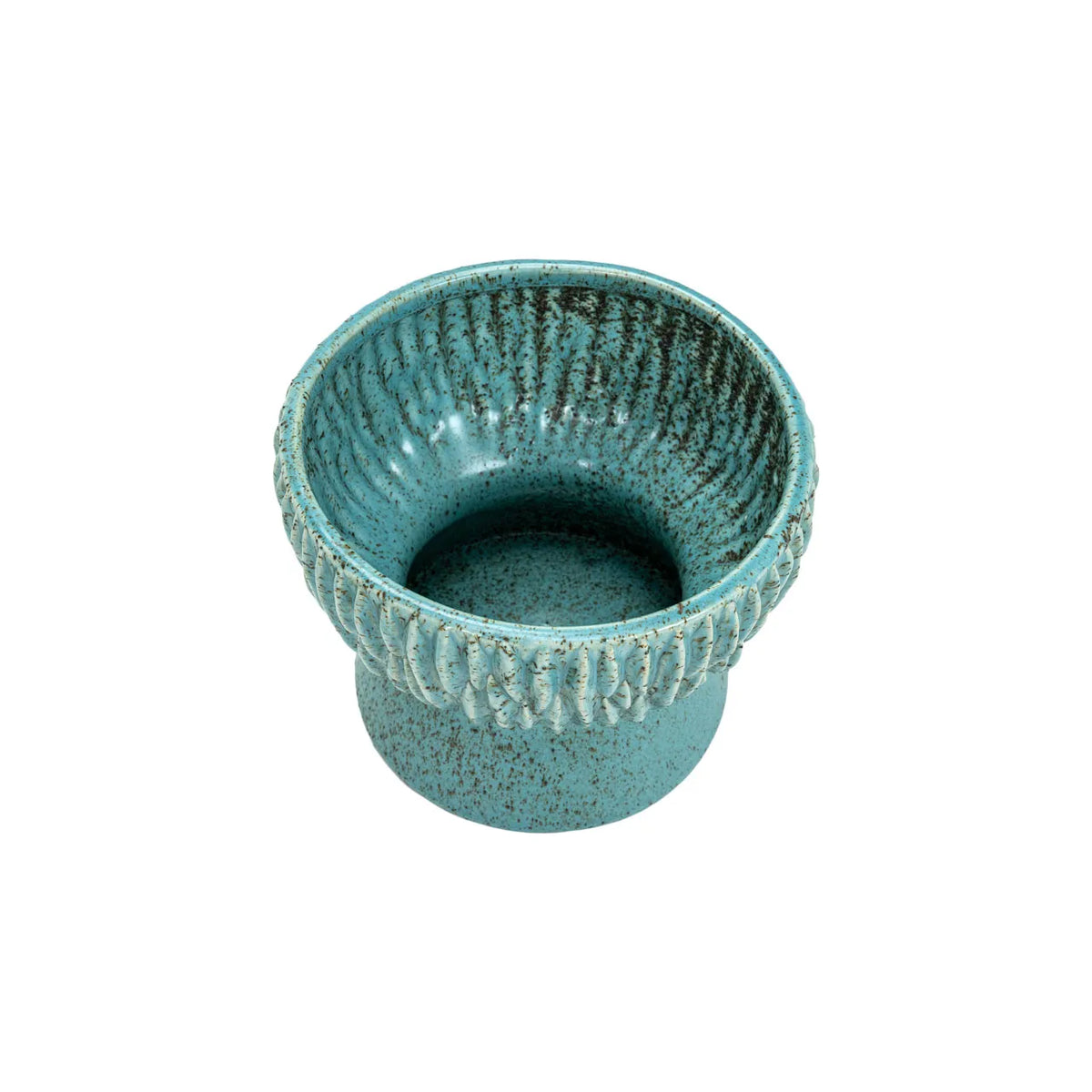 The Norlin Bowl by The Import Collection features blue ceramic with a textured, patterned rim and a wide, round base—perfect for decorative bowls or artistic tabletop displays. Shown against a white background.