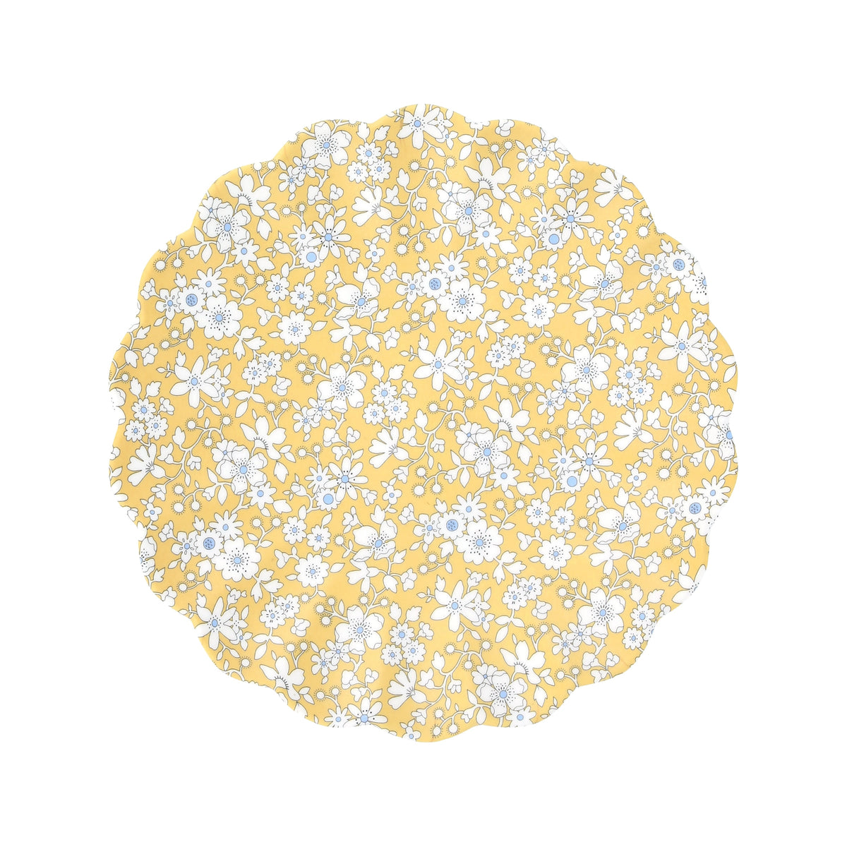 Yellow scalloped small plate with white and blue floral design, Meri Meri x Liberty by Faire, perfect for dining décor.