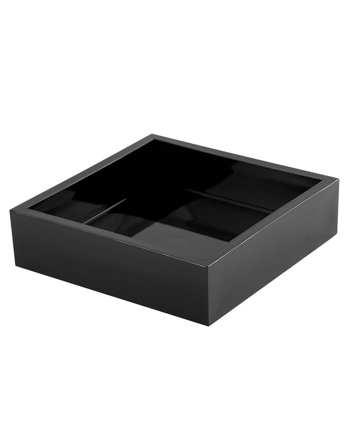 The Caspari, Inc. Acrylic Luncheon Holder is a black, square, shallow napkin holder with a glossy finish and open top, ideal for tabletop décor. It is shown on a white background.