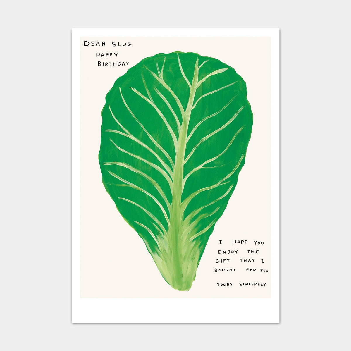 The Dear Slug, Happy Birthday Postcard by Faire features a playful green leaf illustration and the message: "Dear Slug Happy Birthday. I hope you enjoy the gift that I bought for you. Yours sincerely.
