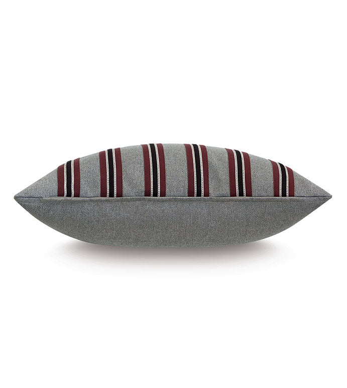 The Andes Striped decorative pillow by Eastern Accents features horizontal maroon, black, and white stripes on gray—an ideal modern accent for contemporary spaces. Shown against a white background.