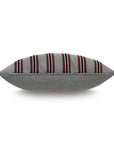 The Andes Striped decorative pillow by Eastern Accents features horizontal maroon, black, and white stripes on gray—an ideal modern accent for contemporary spaces. Shown against a white background.