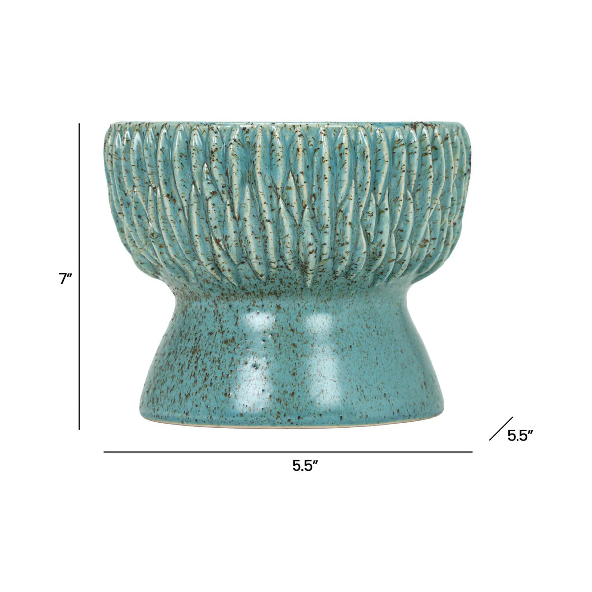 The Norlin Bowl by The Import Collection features a blue-green ceramic finish with textured vertical ridges on the top half and a smooth lower half. Measuring 7" tall and 5.5" wide, it's ideal for tabletop displays as pictured.