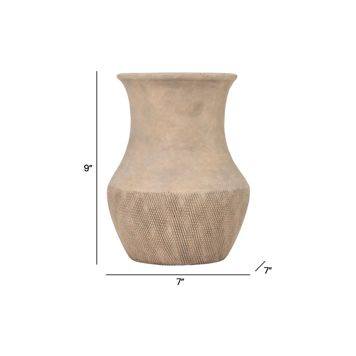 The Import Collection's Dalona Short Vase is a beige, textured ceramic vase with a wide base and narrow neck. At 9" tall and 7" wide, it's perfect for modern decor lovers—measurement lines shown for reference.