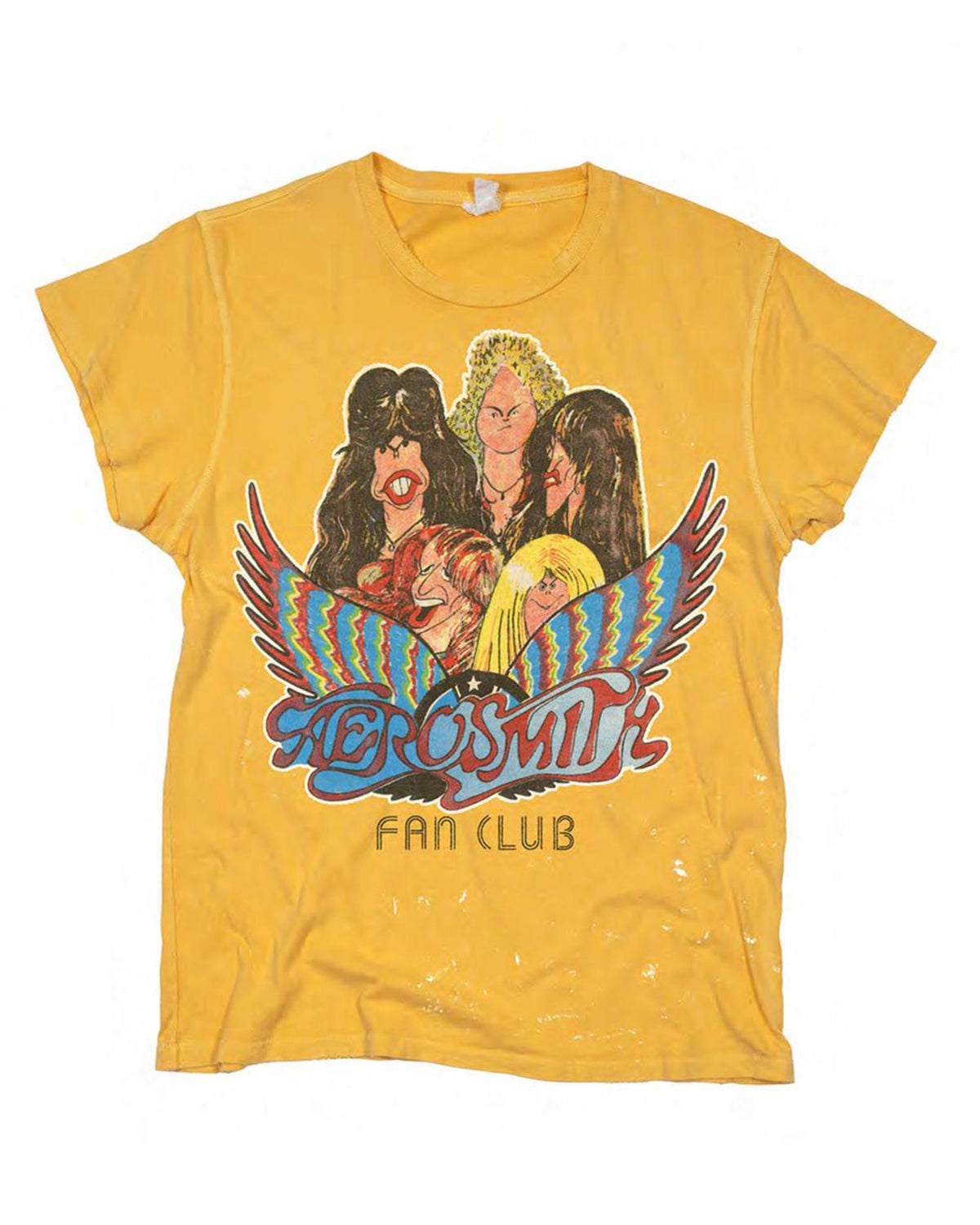 Distressed yellow Aerosmith Fan Club crew tee with vintage-look winged band graphic.