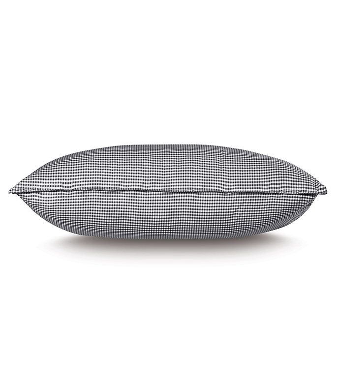 Black gingham cotton pillow sham, side view; Eastern Accents Malaya collection, machine washable.