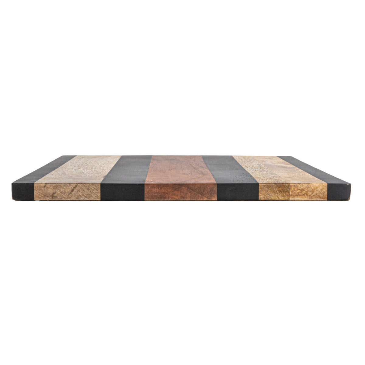 The Bloomingville Mango Wood Serving Board features alternating light, medium, and dark wood stripes—ideal as a cutting board or serving tray, adding a stylish touch to any table.