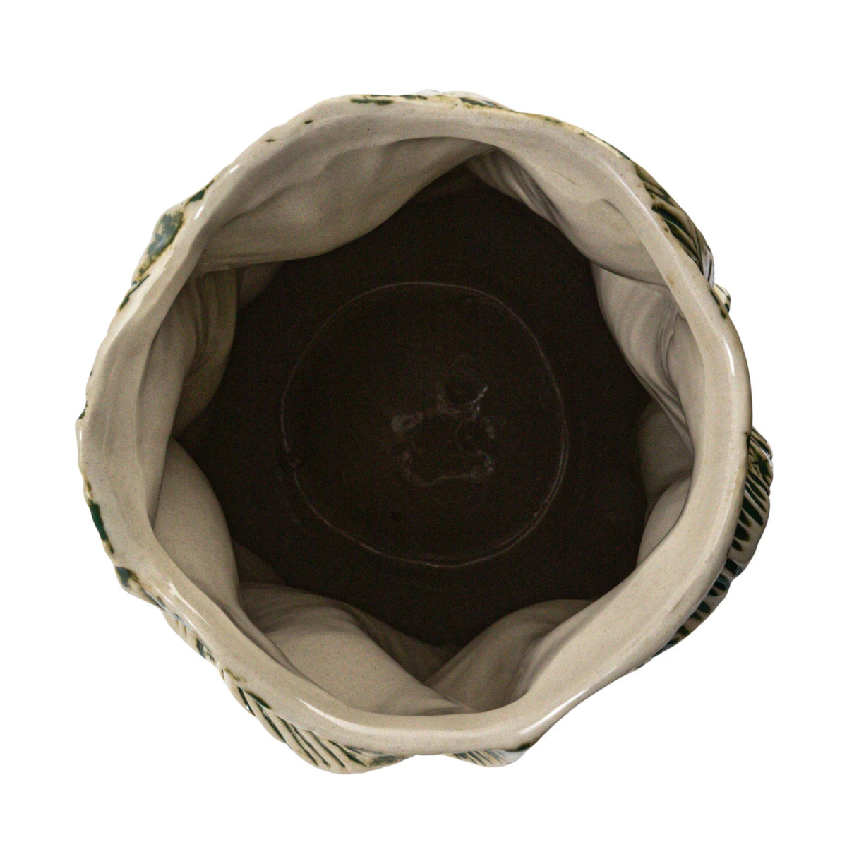 Top view of the Bloomingville Green Floral Texture Vase, an empty round stone vase with wavy edges, a glossy light interior, and green decorative accents along the rim.