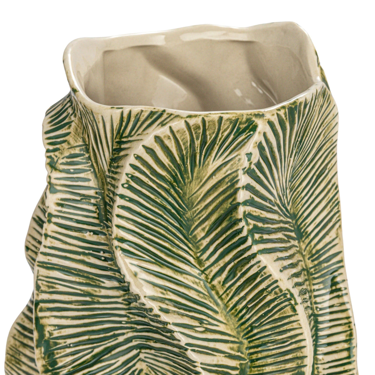 A close-up of the Bloomingville Green Floral Texture Vase, a round stoneware piece featuring green and cream palm leaf patterns and a wavy rectangular rim.