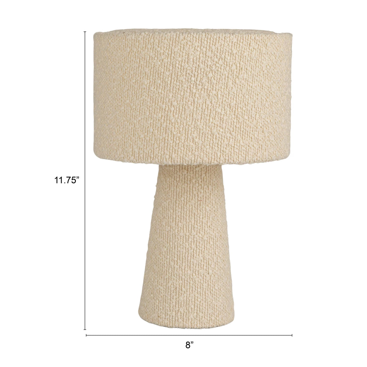 The Bouclé Ivory Fabric Table Lamp by Bloomingville features a textured finish, conical base, cylindrical shade, and measures 11.75" tall by 8" wide. Shown on a white background.