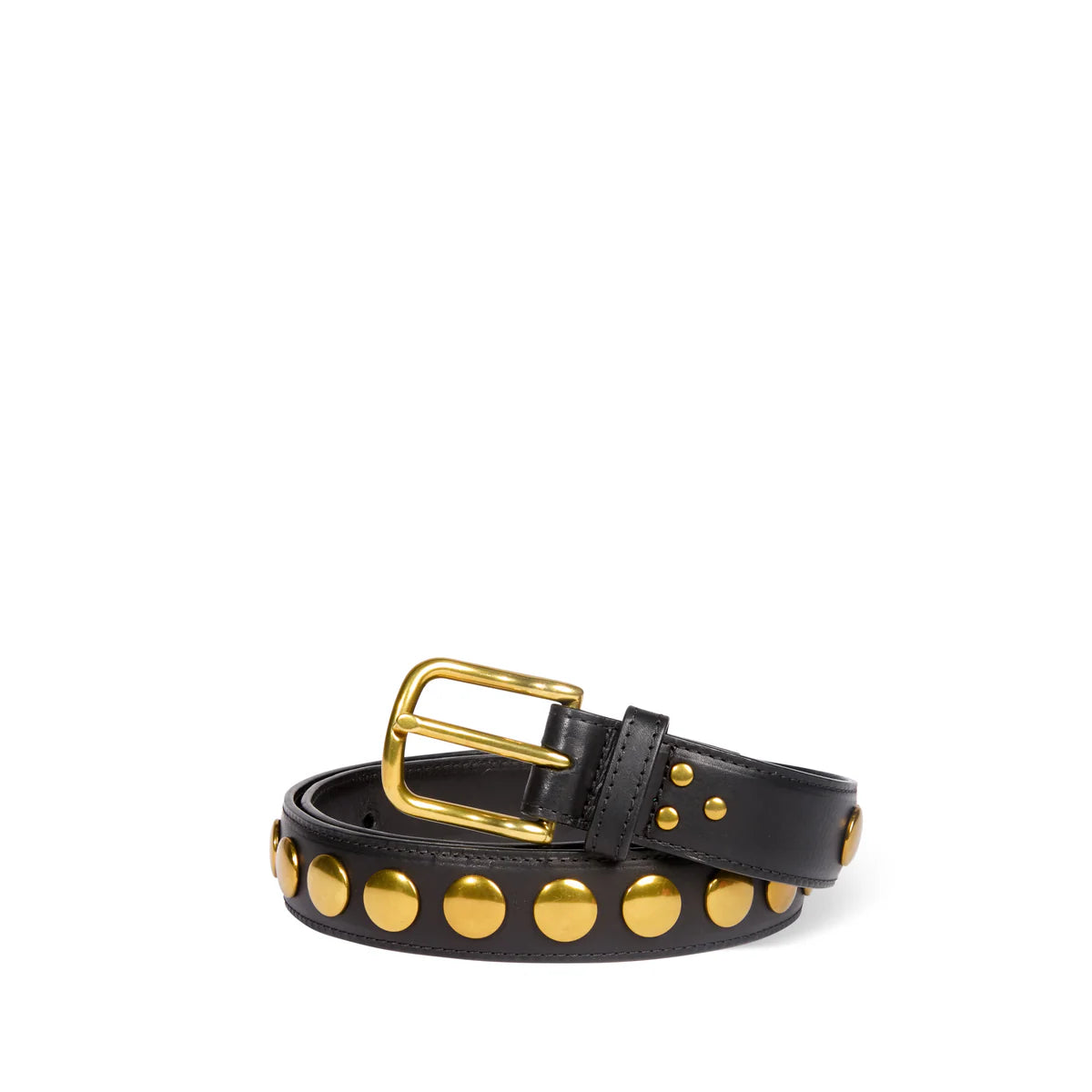 The Jerome Dreyfuss Festival Ceinture is a sleek black cowskin belt with gold circular studs elegantly spaced along its length. It features a shiny gold buckle and is beautifully coiled on a pristine white background.