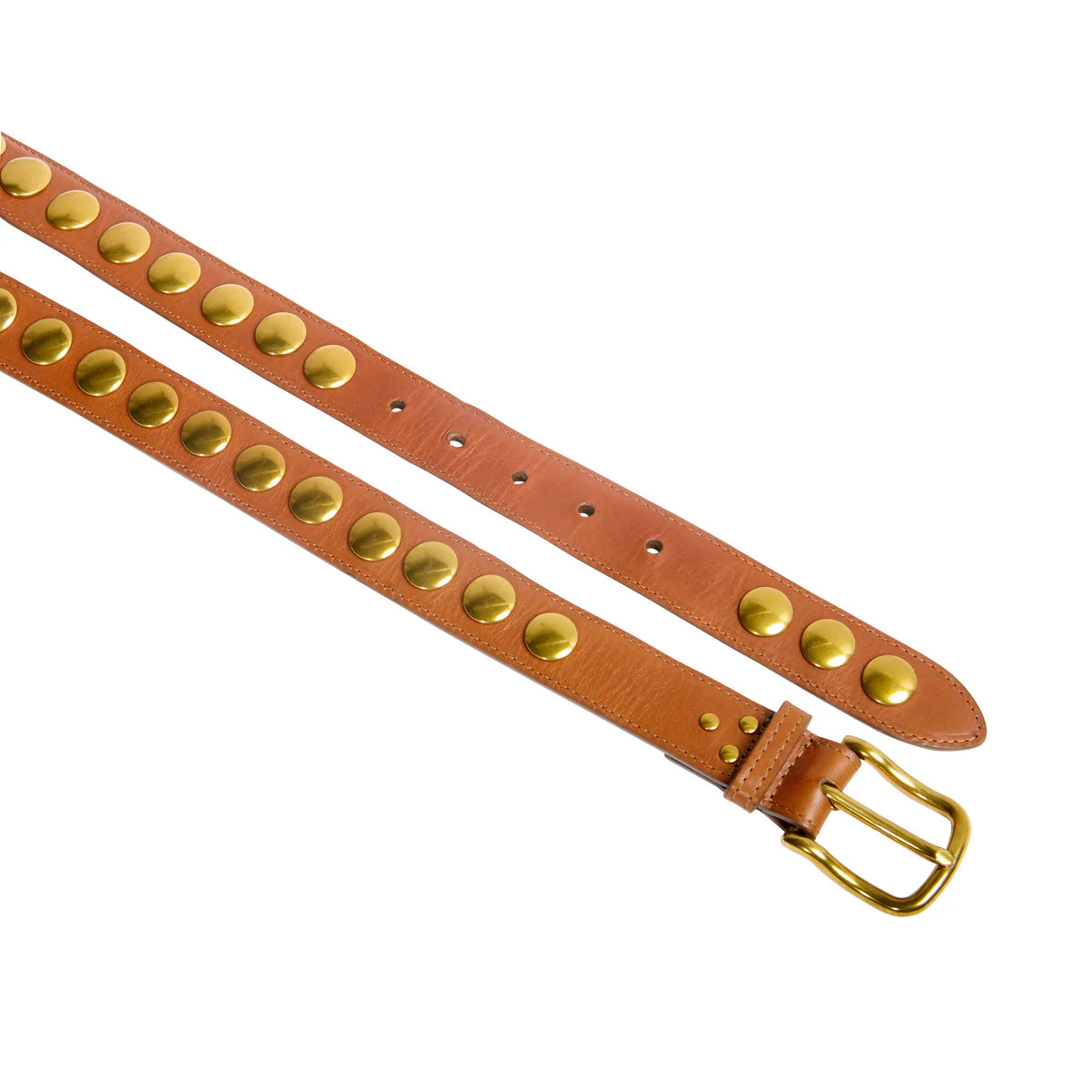The Jerome Dreyfuss Festival Ceinture/Belt is crafted from brown cowskin and elegantly showcases large gold studs on a white background. Its shiny gold buckle and multiple adjustment holes enhance both style and functionality.