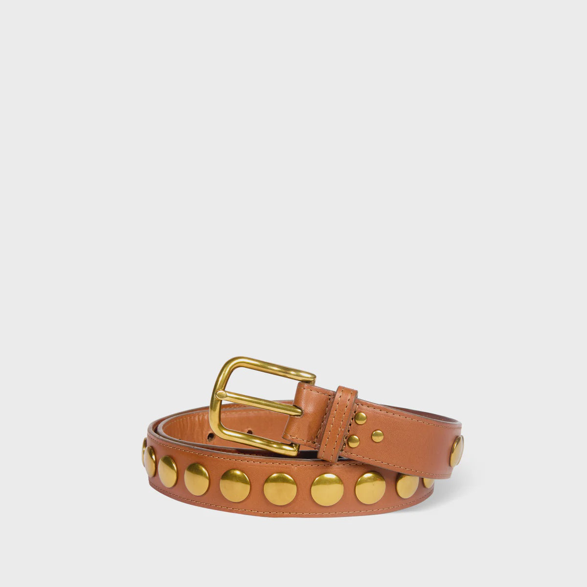 The Festival Ceinture/Belt by Jerome Dreyfuss is a brown cowhide leather belt adorned with large round gold studs, featuring a rectangular gold buckle. It is displayed in a loose spiral on a white background and offers an adjustable waistband for the perfect fit.