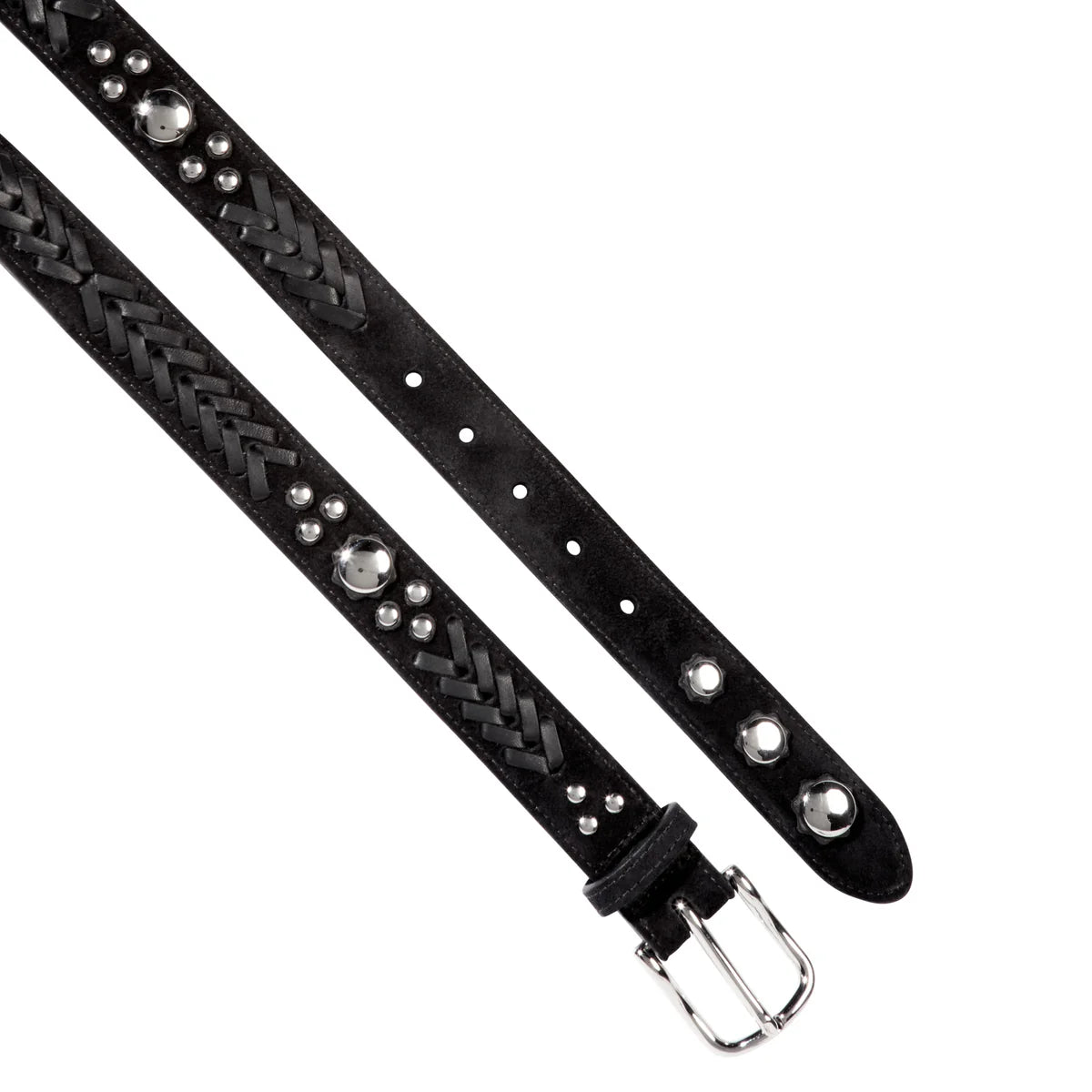 The Gaucho Ceinture/Belt by Jerome Dreyfuss is a black leather belt with a silver buckle and adjustable waistband, featuring a braided design adorned with domed metal rivets and circular silver studs on both sides.