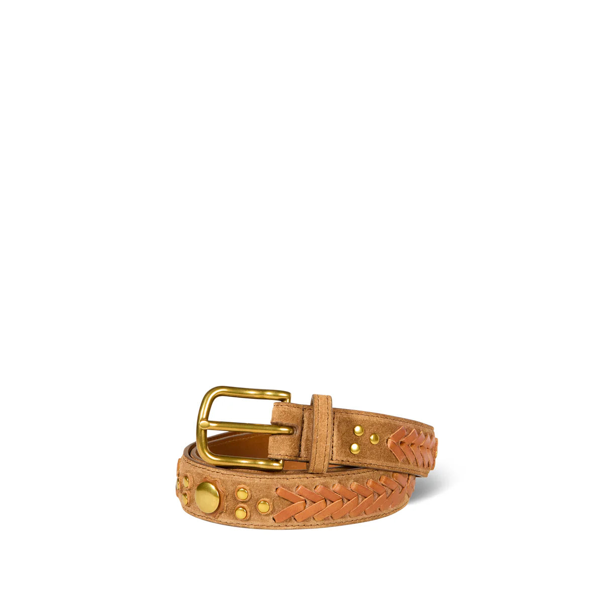The Gaucho Ceinture Belt by Jerome Dreyfuss is a tan leather belt made from premium cowskin calfskin, featuring a brass buckle, decorative stitching, gold studs, and domed metal rivets. It elegantly coils against a plain white background.