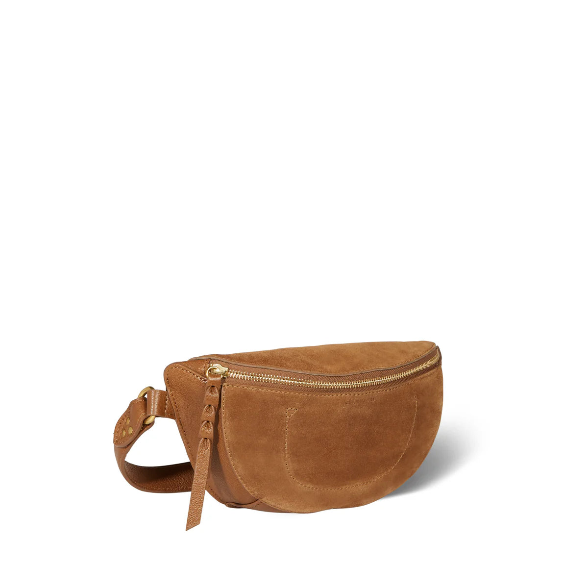 Brown suede belt bag with gold zipper, tassel, and crossbody strap by Jerome Dreyfuss, Lino Banane.