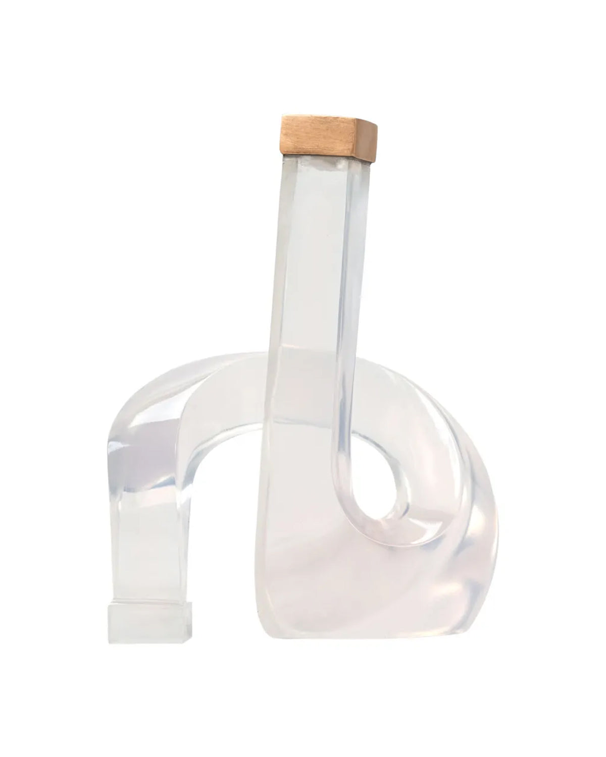 Almeda candleholder with a clear abstract acrylic base and square wooden top by Bungalow Furniture &amp; Accessories.