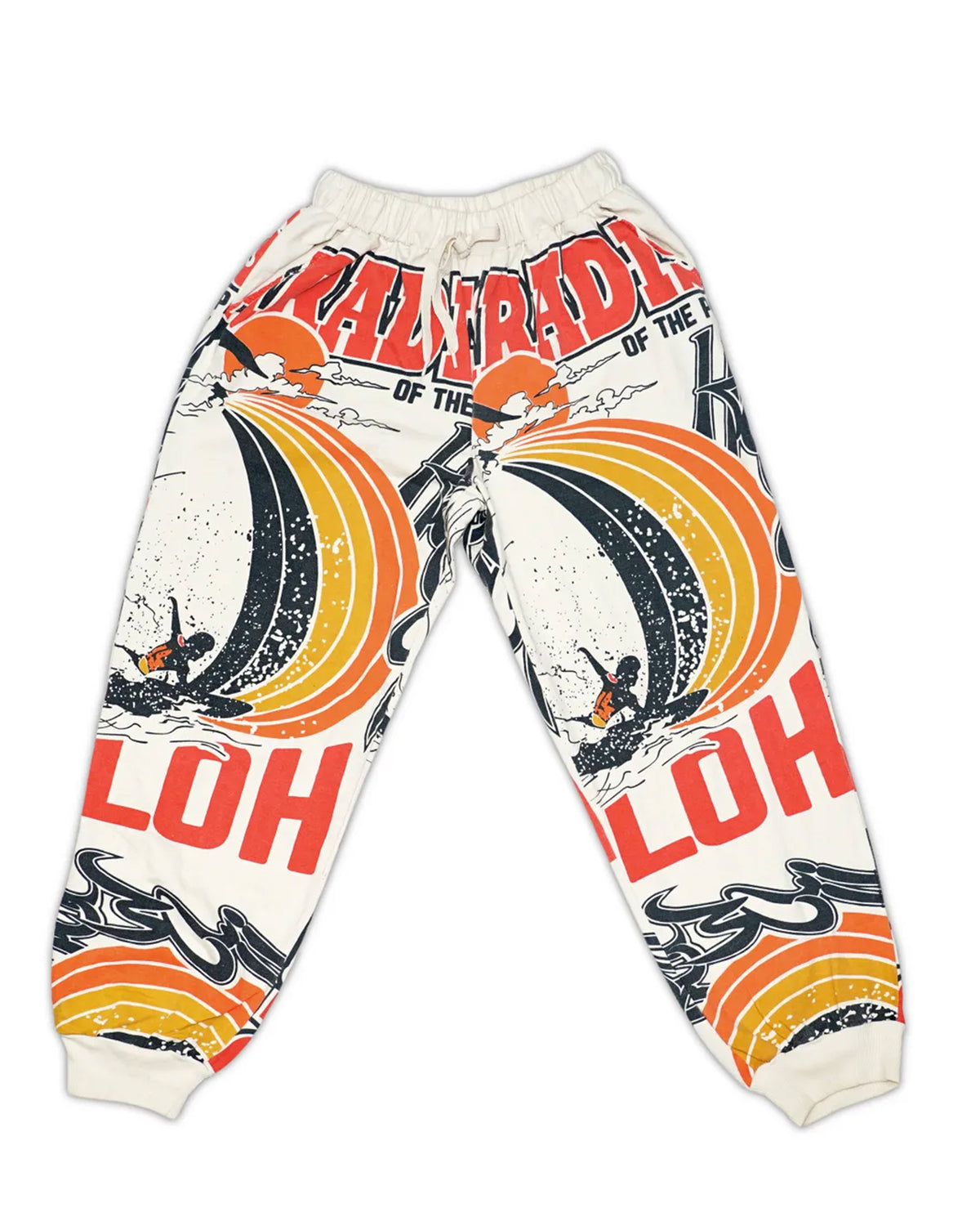 The Aloha Paradise Jogers by Ping Pong Surf Club are wide-legged white sweatpants with vibrant orange, yellow, and black surfing graphics and bold red/black text—ideal for capturing summer vibes.