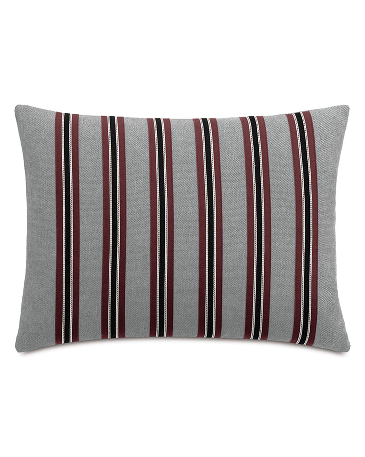 The Andes Striped throw pillow by Eastern Accents features a modern rectangular design with a gray background and vertical black, white, and dark red stripes—its textured fabric adds stylish simplicity to any room.
