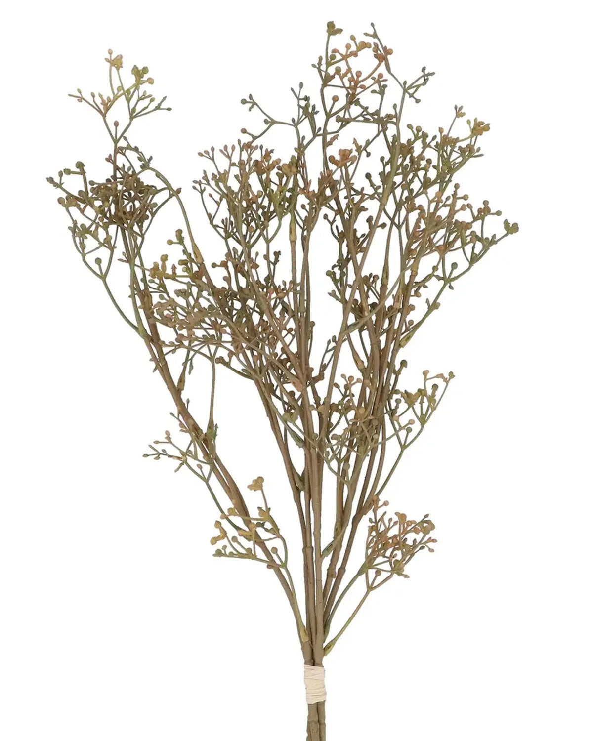 A bundle of thin, brownish-green artificial stems with small budding tips, tied at the base—perfect for the Faire Antique Cream Mix Mini Berry Bunch or any artificial flower arrangement—set against a white background.
