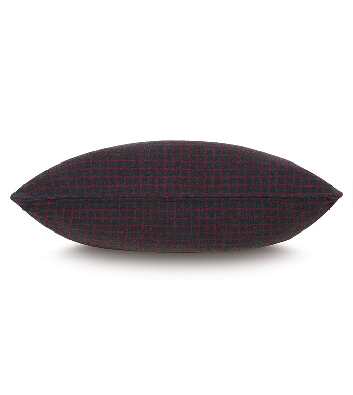 The APD-474 BISHOP FLANNEL pillow by Eastern Accents features a rectangular check pattern in dark grey and deep red soft cotton flannel. Sized 20x20, it adds cozy, stylish flair to any space, shown here on a crisp white background.
