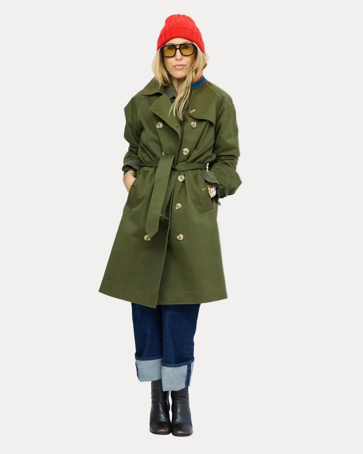 Kerri Rosenthal Color Washed Trench coat styled with red beanie and boots, casual outdoor look.
