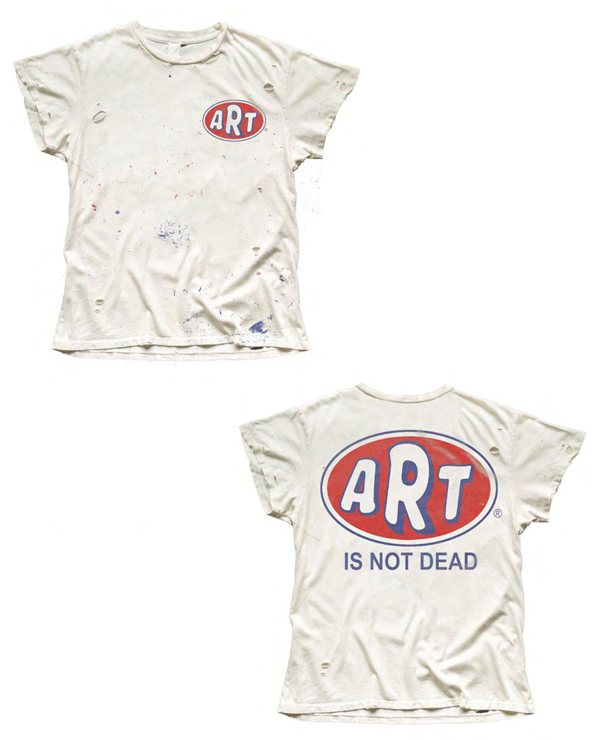 Distressed white Arts Not Dead crew tee by Made Worn featuring paint splatters and a vintage graphic.