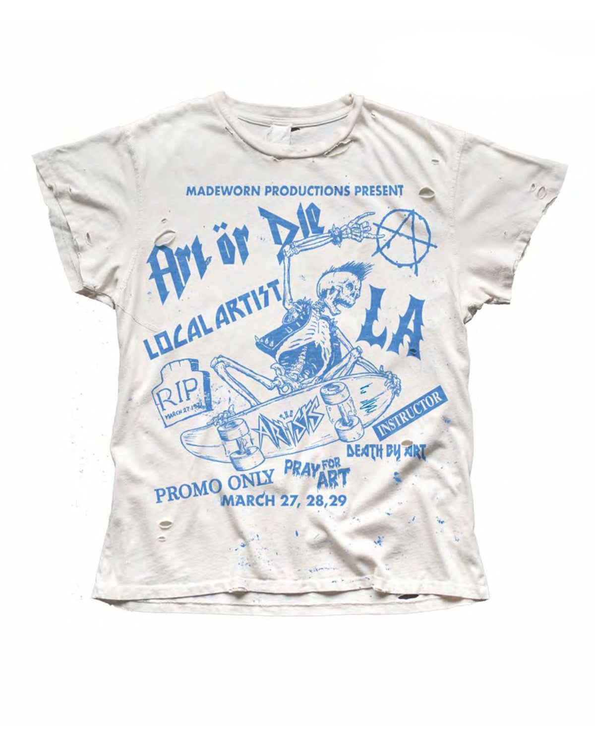 White short-sleeve graphic tee by Made Worn featuring a distressed blue skeleton on a skateboard.