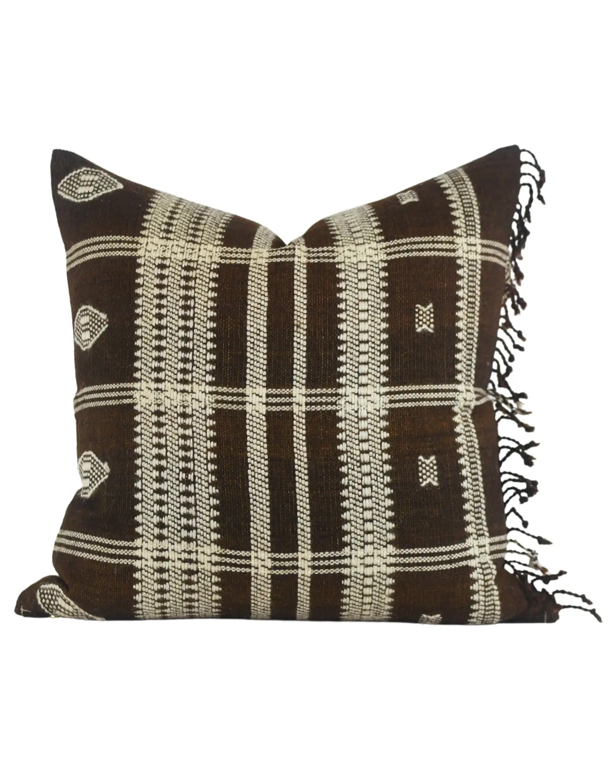 The Aruna Fringe Pillow 22x22 by Faire is a handwoven wool cover featuring brown and cream geometric patterns, black fringe tassels on the right, and design elements inspired by Gujarat, India craftsmanship.