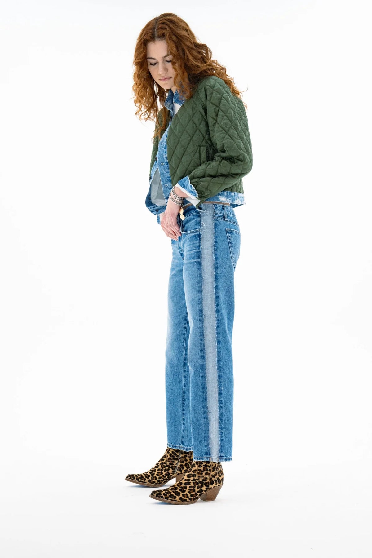 ASKK Bleecker Street Liner Jacket in blue, styled with jeans and leopard print boots, white backdrop.