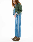 ASKK Bleecker Street Liner Jacket in blue, styled with jeans and leopard print boots, white backdrop.