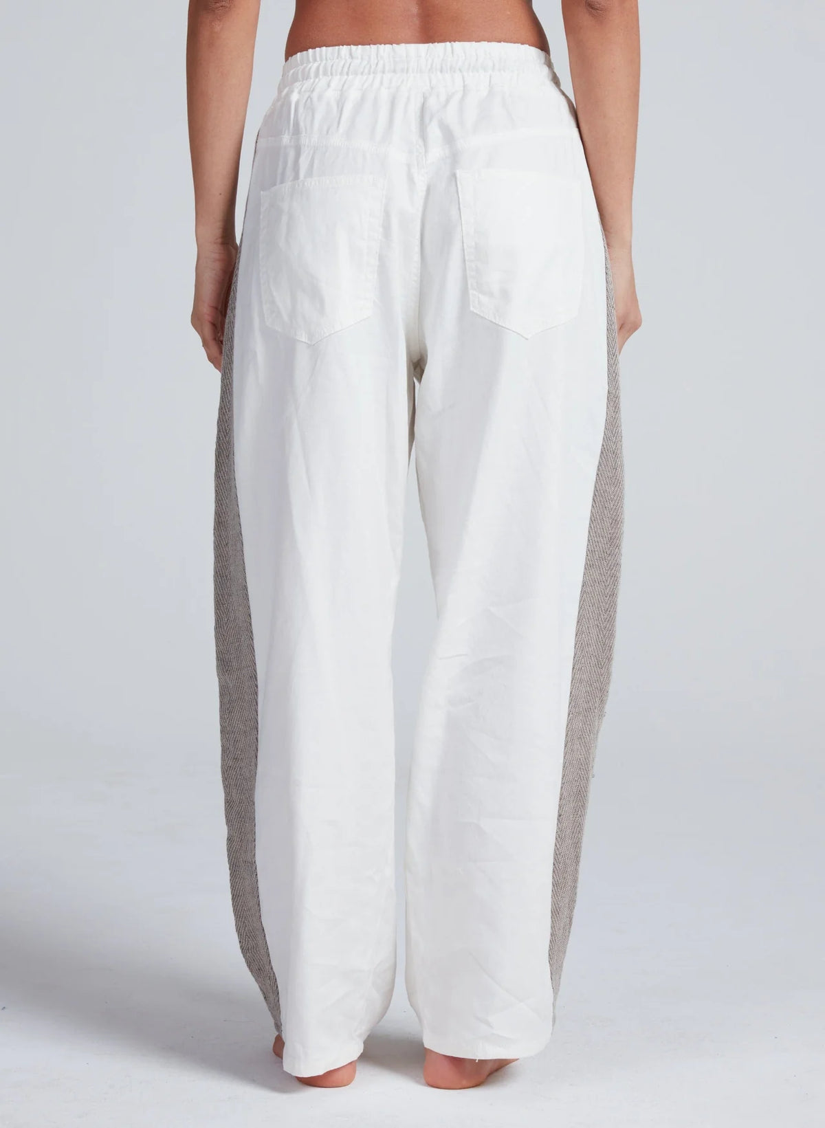 A person stands barefoot with their back to the camera, wearing ASKK’s Cancun Pant—loose white wide leg pants with gray textured side panels, large back pockets, and an elastic waistband—set against a plain light background.