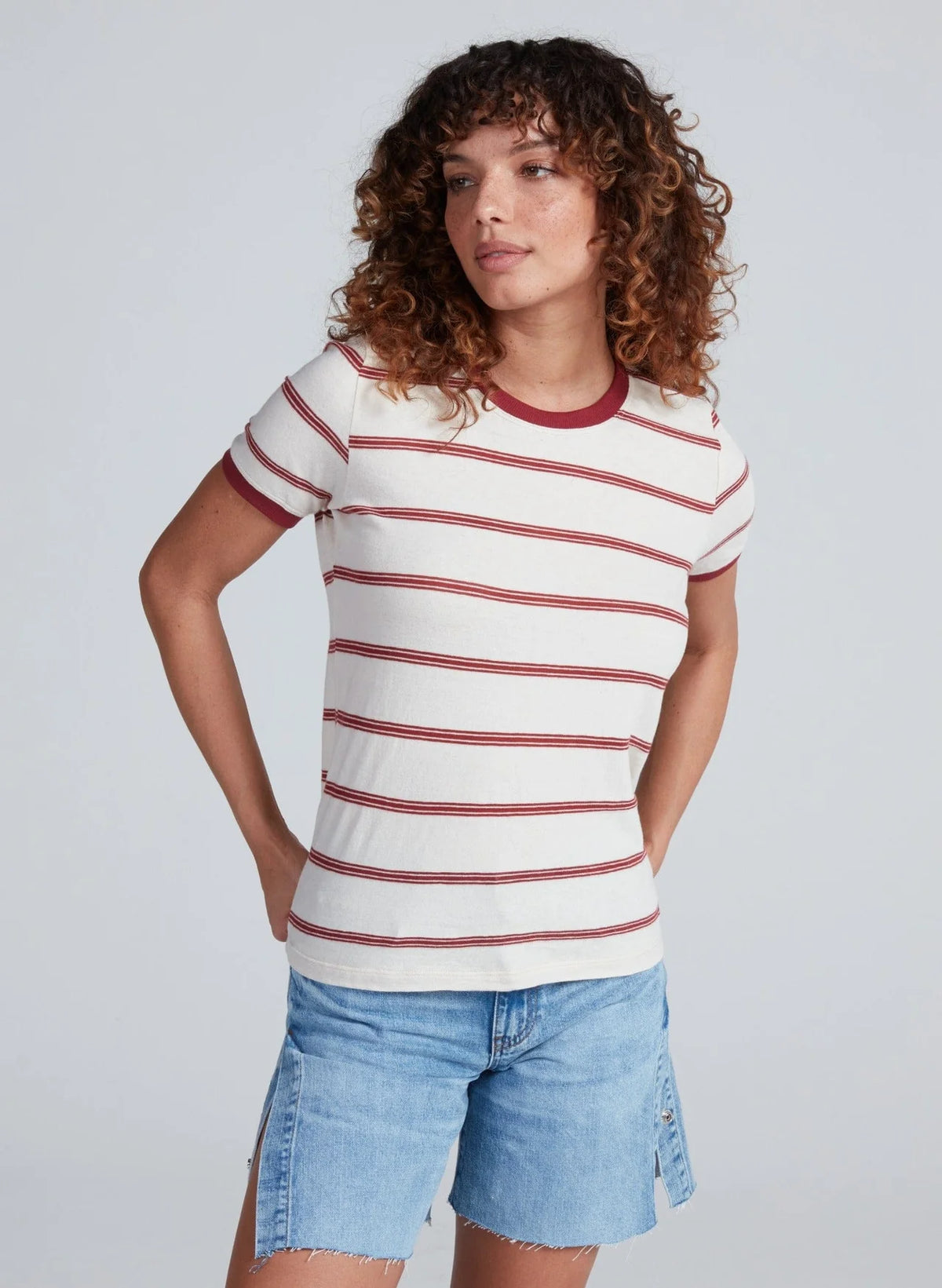 ASKK Classic Ringer Tee in Brick Stripe paired with denim shorts, casual look on light background, Bungalow Furniture.