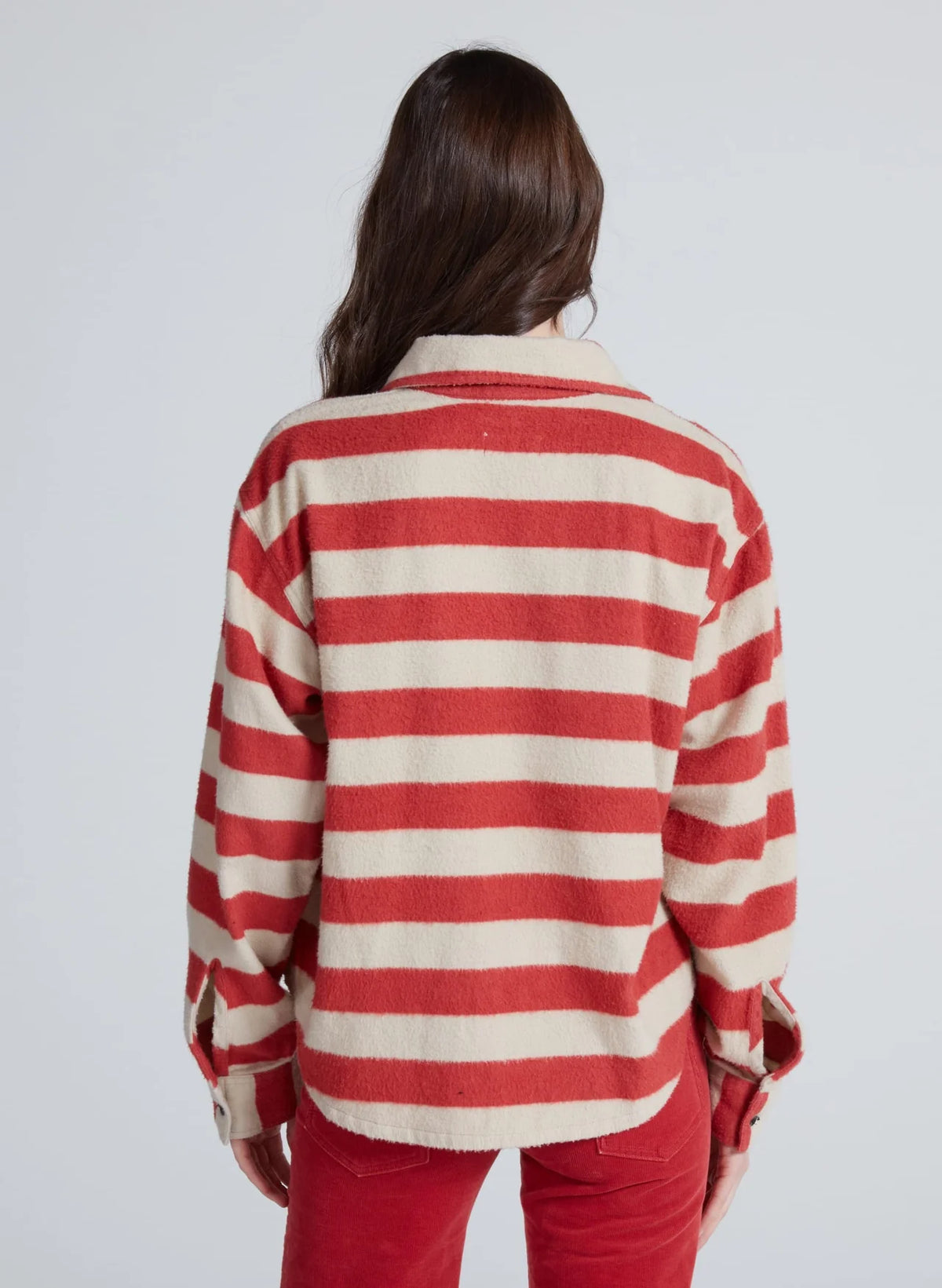 Relaxed fit red and cream striped cropped button-down ASKK Crosby shirt, seen from the back.