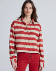 Relaxed cropped button-down shirt by ASKK in red with wide horizontal stripes and two chest pockets.