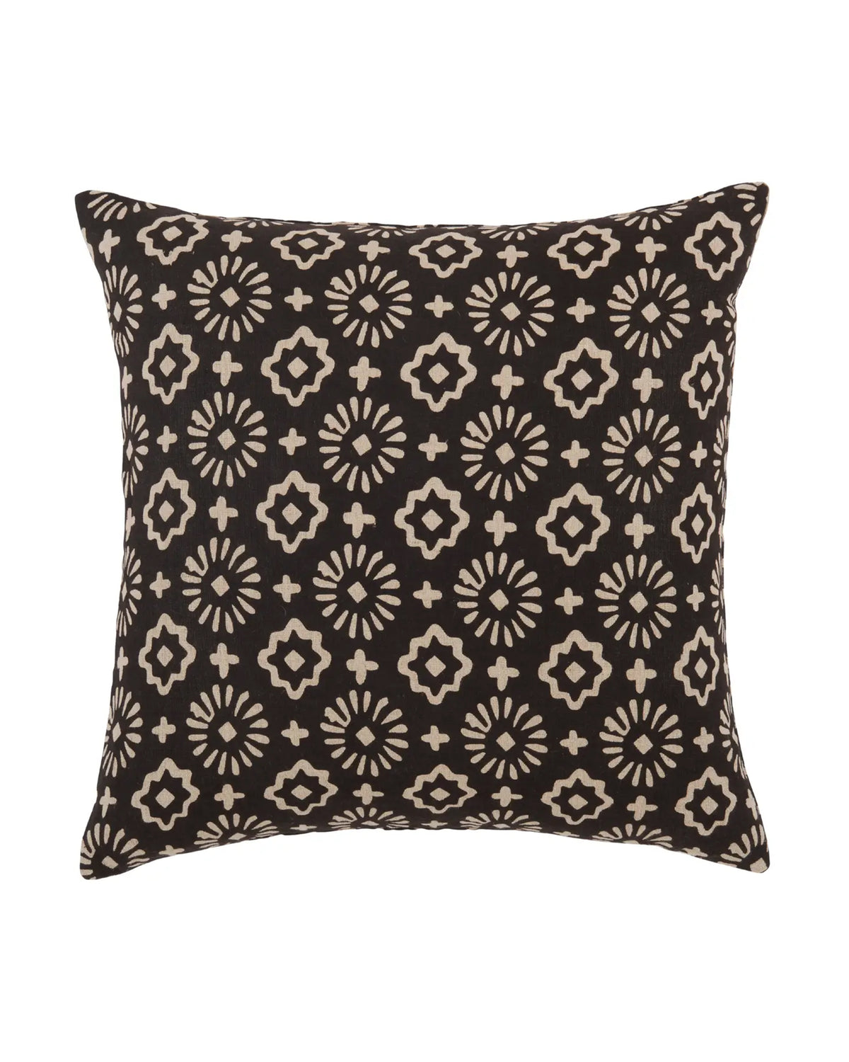 Black decorative throw pillow with cream geometric floral pattern, The Aya by Faire, for modern living spaces.