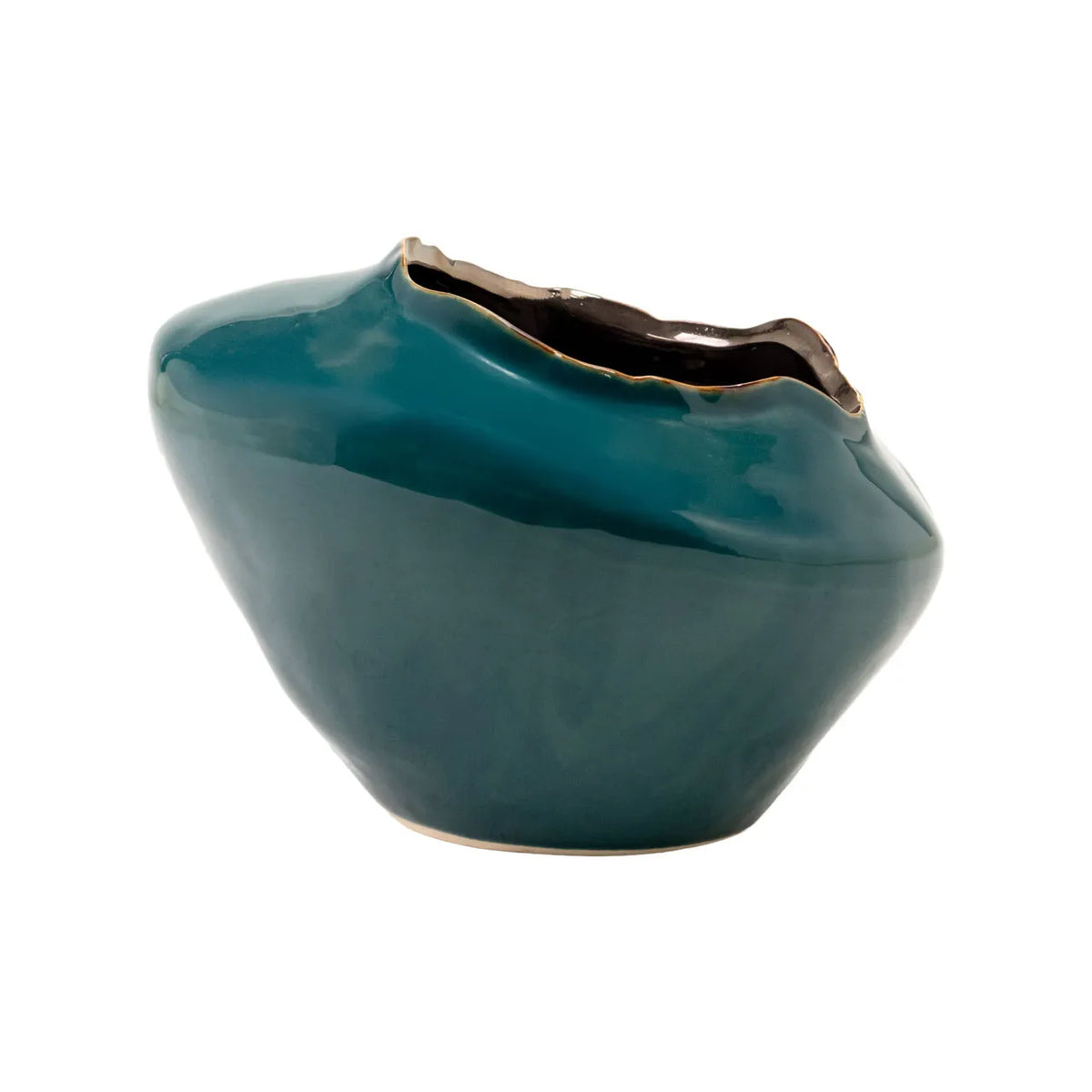 Teal ceramic Ilaria Medium vase with an organic, asymmetric shape and jagged rim by Bungalow Furniture & Accessories.