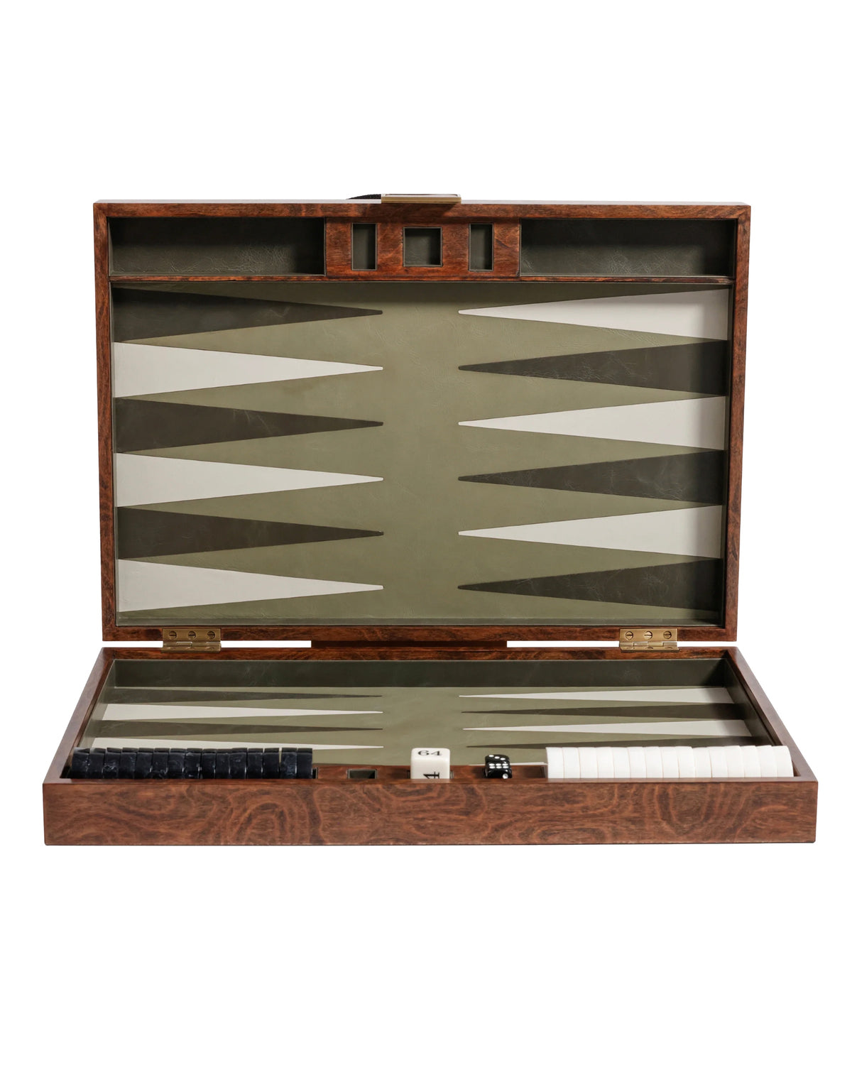 Open Palma de Mallorca backgammon set in wood veneer with green and white leather field and metal latch.