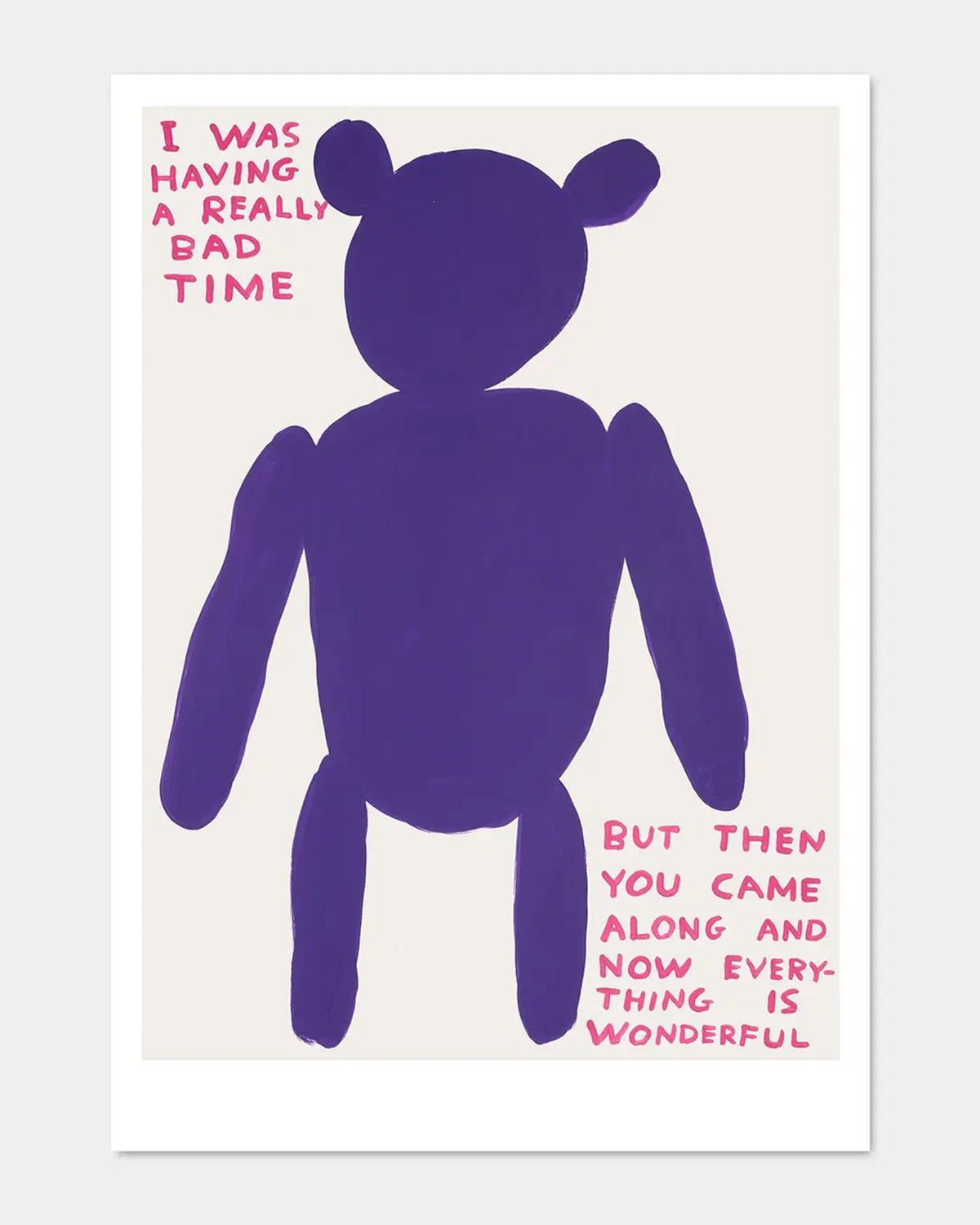 The I Was Having Postcard by Faire features a simple purple bear silhouette centered on white, with pink handwritten text: “I was having a really bad time but then you came along and now everything is wonderful.”.