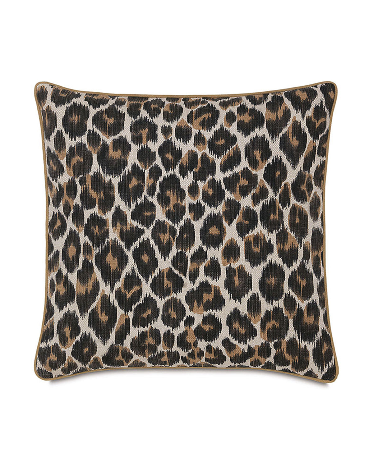 The Bagira Spot with Small Welt 22x22 throw pillow by Eastern Accents features a brown, black, and beige leopard print on a white background with subtle piping along the edges for a stylish neutral accent.