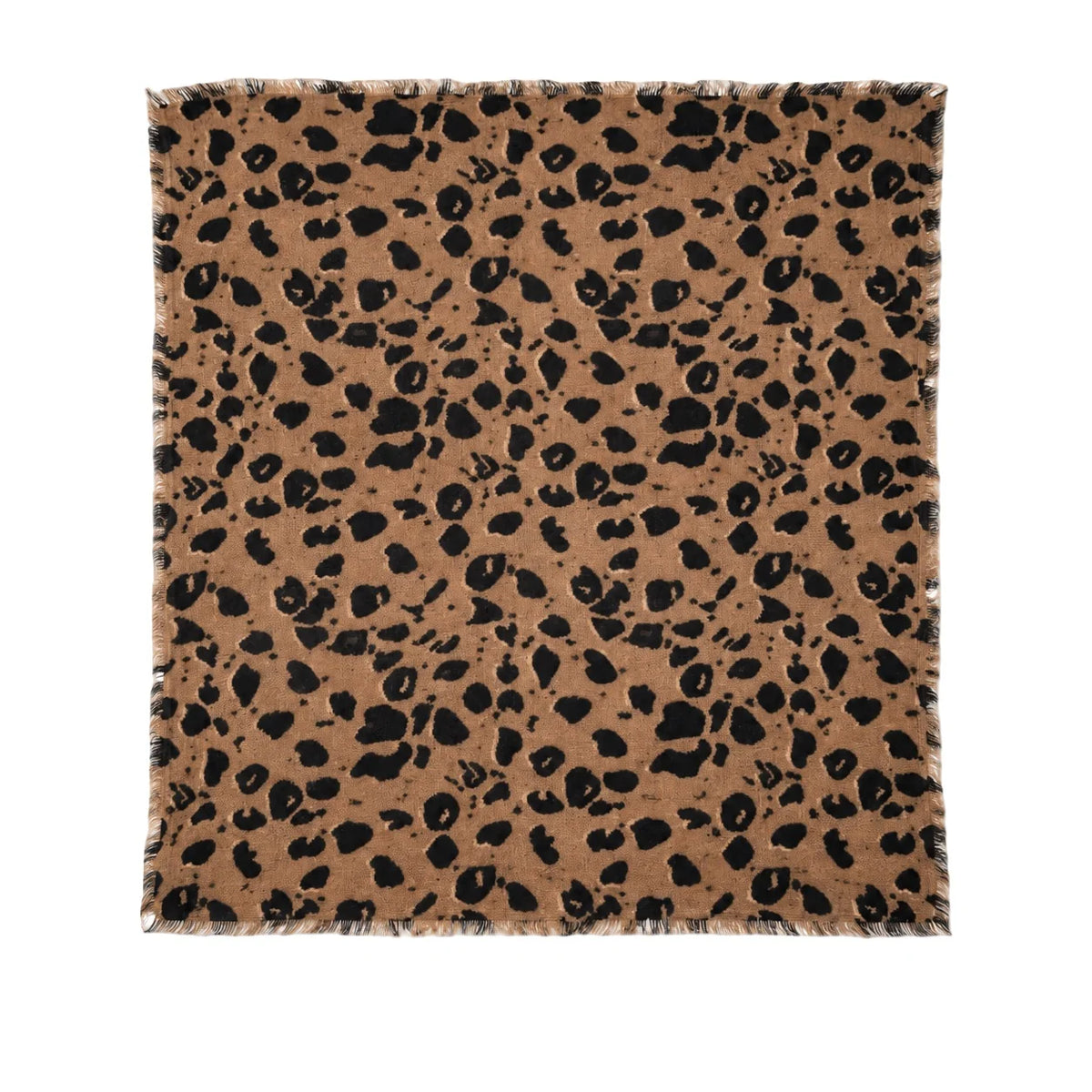 Brown and black cheetah print cashmere bandana with frayed edges by Kerri Rosenthal, displayed flat.