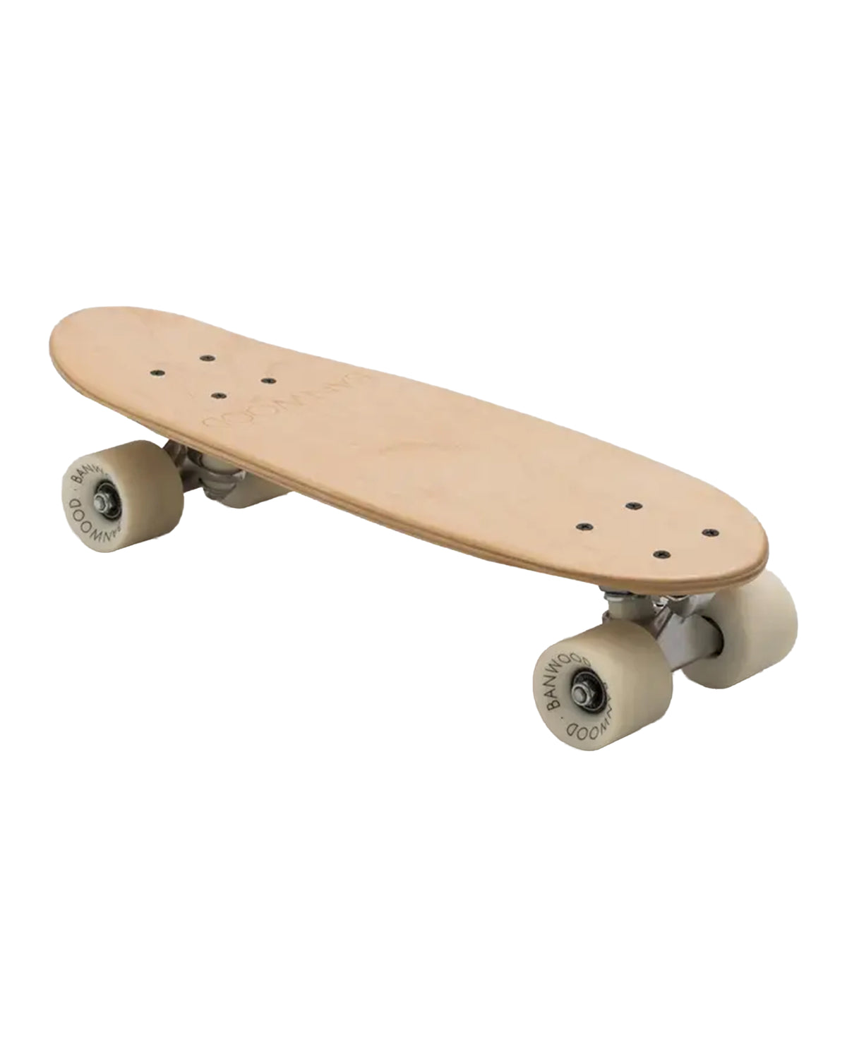 The BANWOOD SKATEBOARD - NATURE by Faire features a minimalist, light wood deck with white wheels and no grip tape or graphics, creating a simple, natural look. Shown at an angle on a white background.