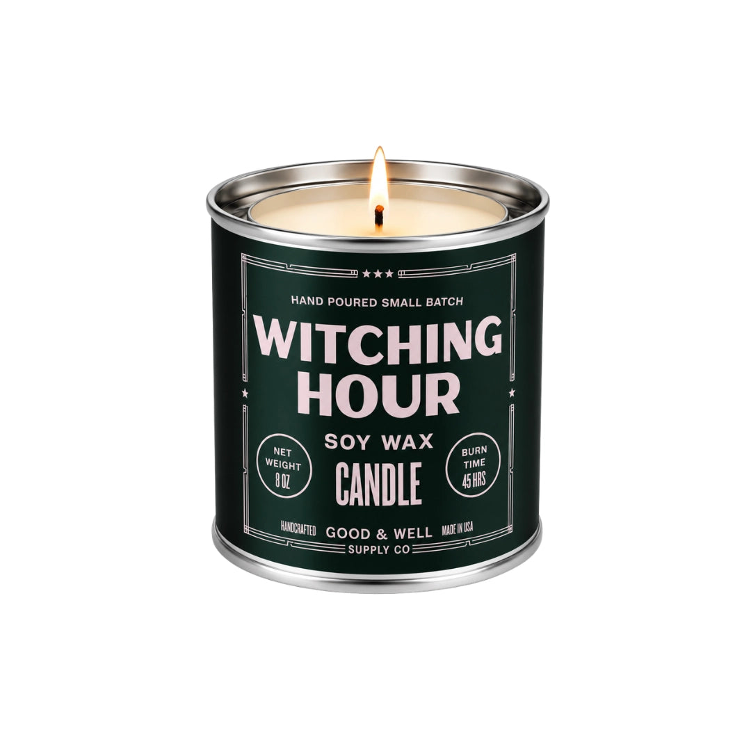 Black Witching Hour soy candle by Faire with patchouli sandalwood scent, 45-hour burn time, modern home décor.