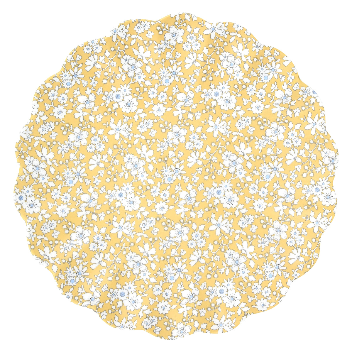 Yellow scalloped placemat with white and blue floral design, Bungalow Furniture & Accessories, perfect for dining settings.